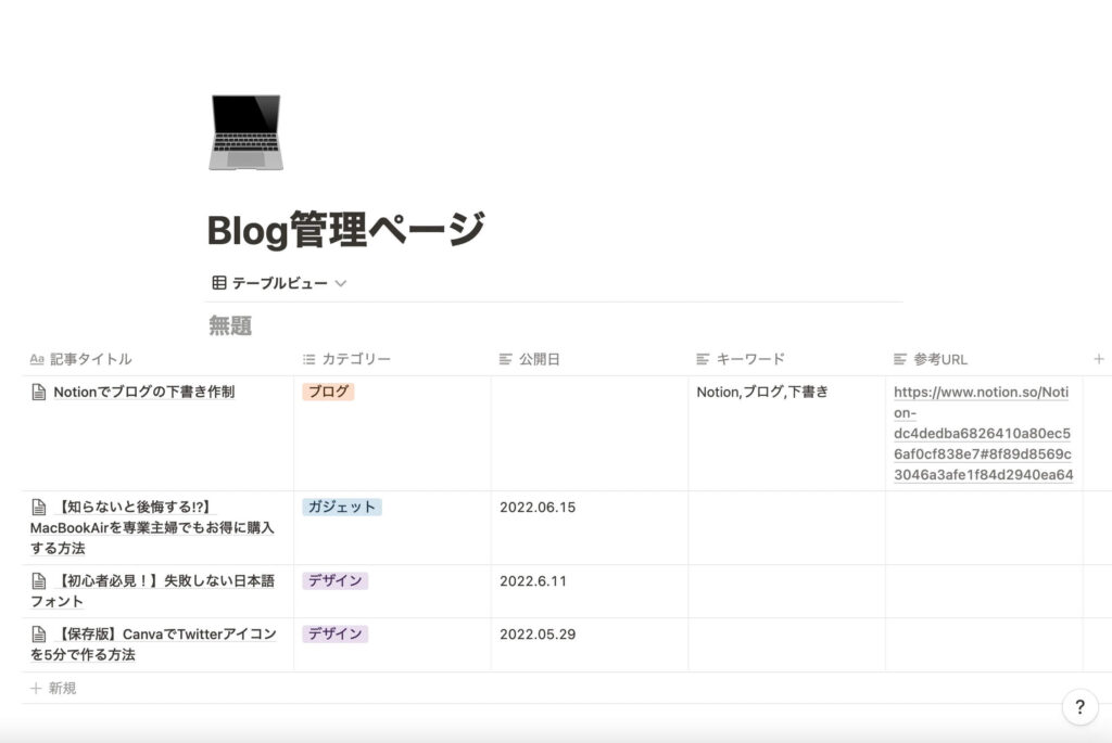 Notionでブログの下書きを管理している画像